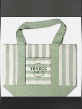 Trader Joe's Striped Canvas Tote Bag in Sage and White